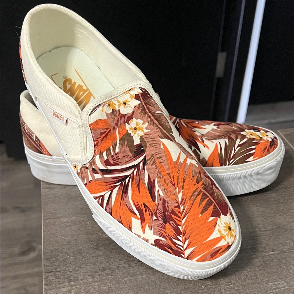 Vans Floral Canvas Slip-On Shoes - Orange and Cream